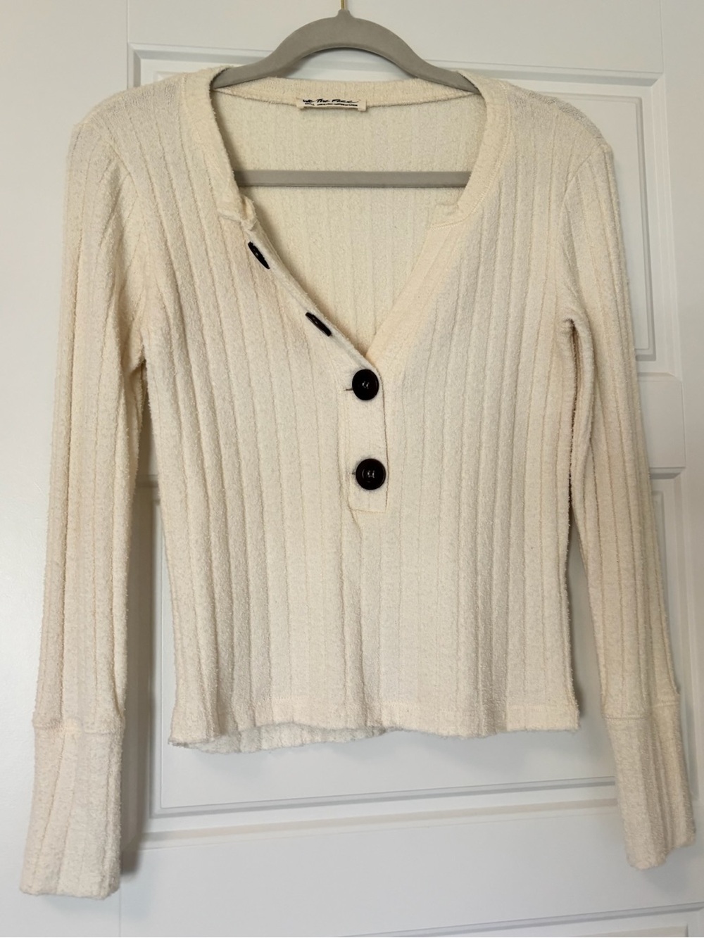 We The Free Cream Ribbed V-Neck Sweater with Dark Buttons